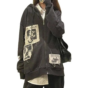 Vintage Graffiti Print Oversized Coats for Wmen Grunge Kawaii E-Girl Aesthetic Long Sleeve Zip Up Hooded Outerwear Streetwear 1