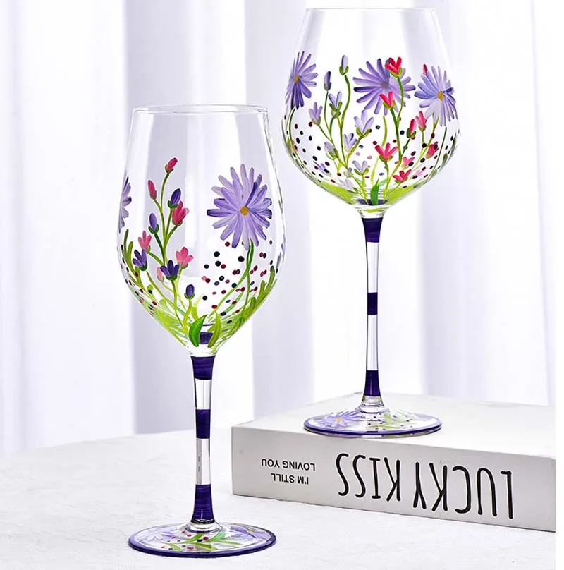 Creative Hand Painted Red Wine Glass Flower Pattern Wine Cup Cocktail Champagne Flutes Crystal Goblet Home Bar Wedding Drinkware