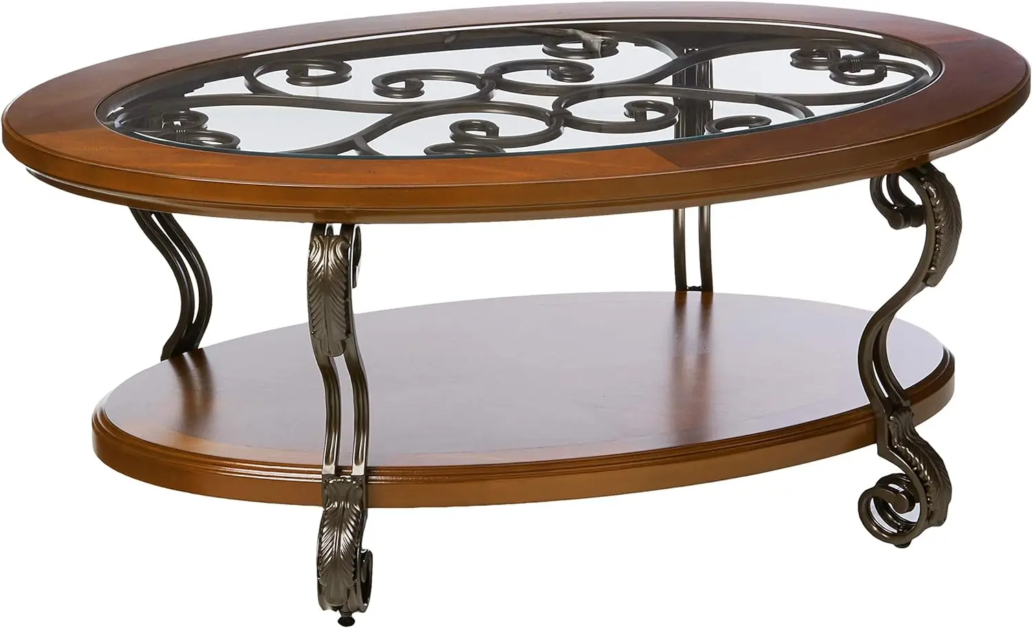 

Signature Design by Ashley Nestor Traditional Oval Coffee Table with Beveled Glass Top, Scrollwork Underlay and 1 Fixed Shelf,