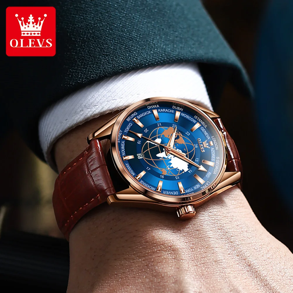 OLEVS Fashion Dial Design Blue Quartz Watch for Men Luxury Leather Waterproof Calendar Sport Mens Wristwatches Relogio Masculino