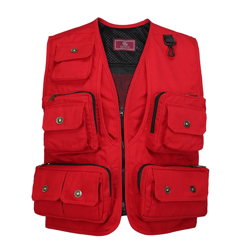 남성용 멀티 포켓 레드 아웃도어 조끼 통기성 낚시 하이킹 사진 촬영 조끼