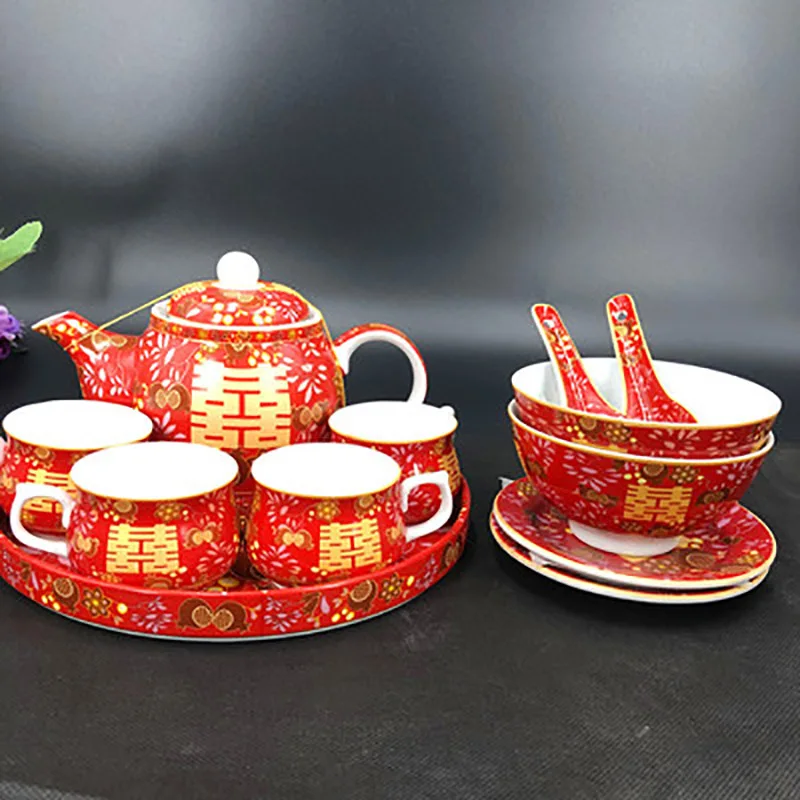Chinese Traditional Ceramic Tea Set, Retro Red, Double Happiness Teapot, Tea Cup, Newlywed Bride Gift, Dowry, Marriage Supply