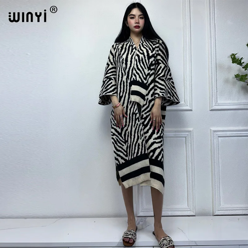 

WINYI Zebra print woman Winter Knitted kimono Christmas new Fashion hipster party dress Thick Warm Female jacket holiday coat