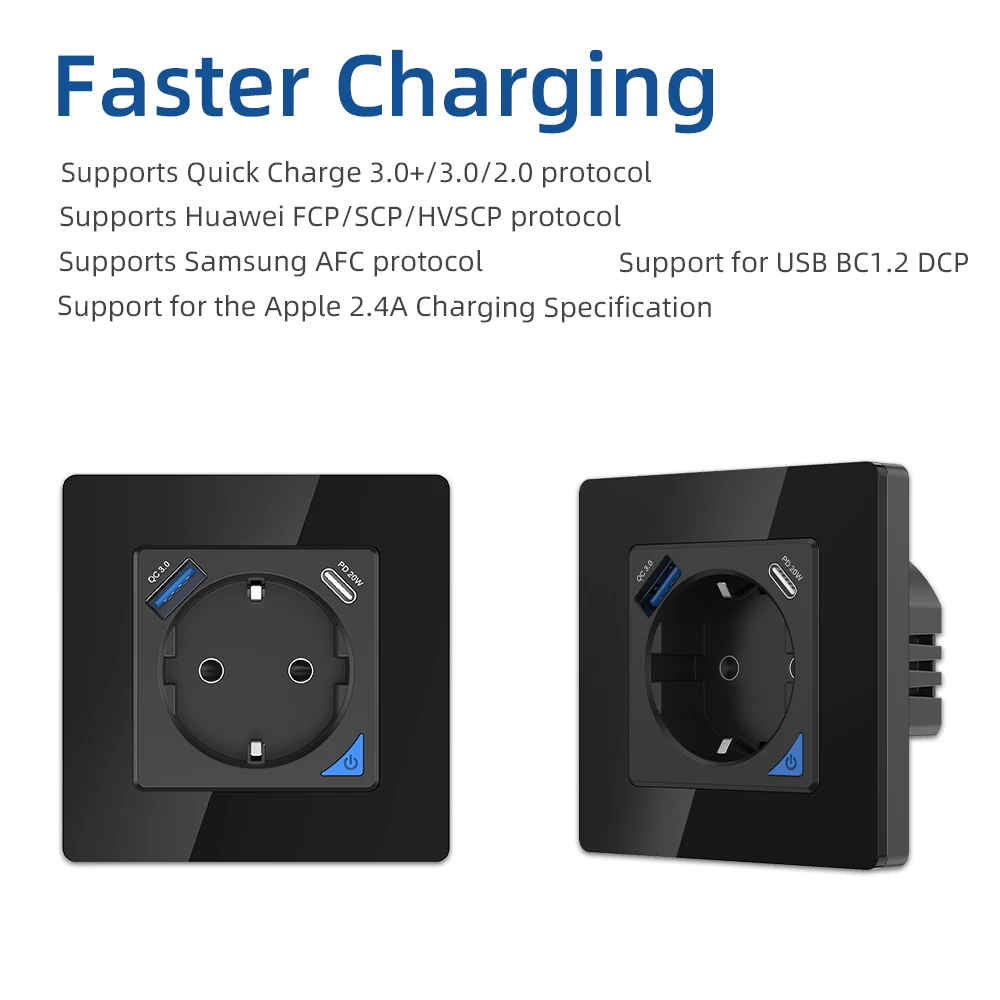 Coswall Alice Glass Zigbee Tuya 스마트 EU 벽면 소켓(PD 20W Type-C 및 전기 통계가 포함된 듀얼 USB 고속 충전기 포함)