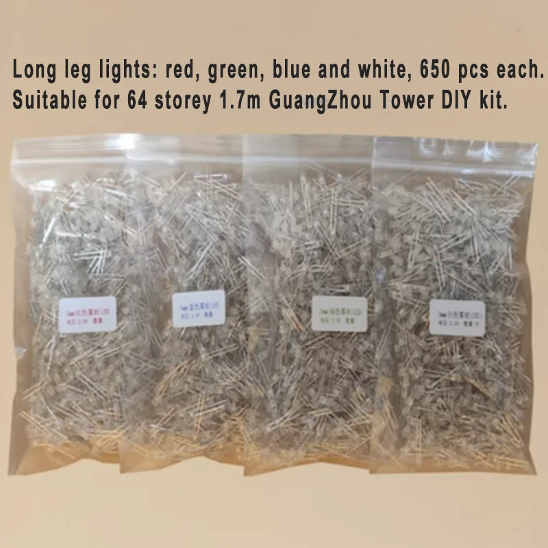 

1 Set Long-legged LEDs: 650 pcs each in red, green, blue and white Suitable for 64-Story 1.7M High Guangzhou Tower DIY Kit