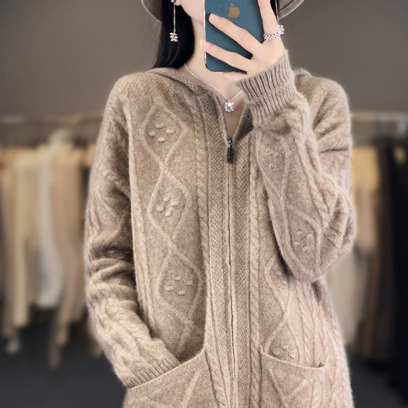 100% 메리노 울 후디, 캐주얼 루즈 점퍼, 세련된 한국 지퍼 가디건, 긴팔 상의, 두껍고 따뜻한 재킷, 가을, 겨울, 신상