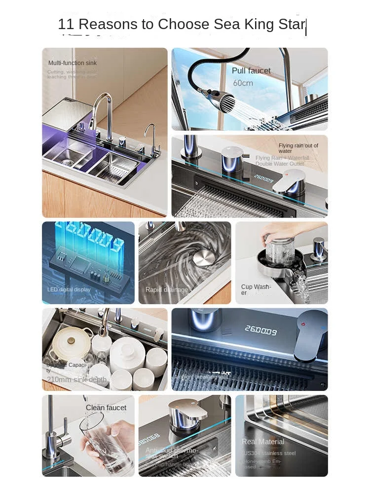 5MM Embossed Stainless Steel Waterfall Kitchen Sink With Digital Display Washbasin Multifunctional single slot rightSide Drain