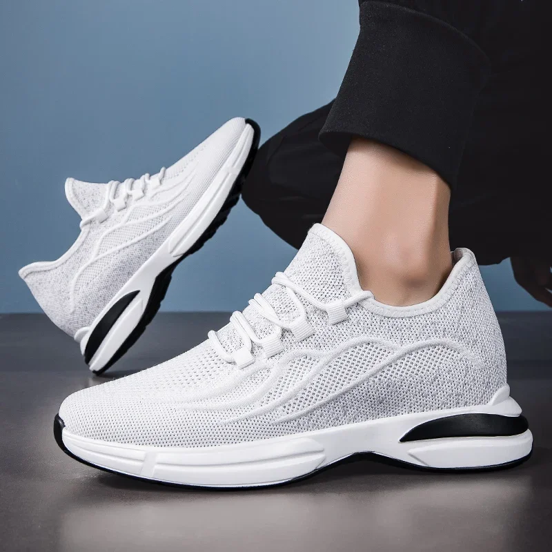 Flying Woven 6/8/10cm Height Increasing Shoes Men High Quality Breathable Causal Sneakers Male Non-Slip Jogging Walking Shoes 2