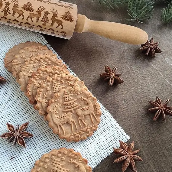 Description Picture 2 of itemChristmas Wooden Rolling Pins with 3D Engraved Christmas Snowflake Embossed Cookie Dough Kitchen Baking Tool Christmas Supplies