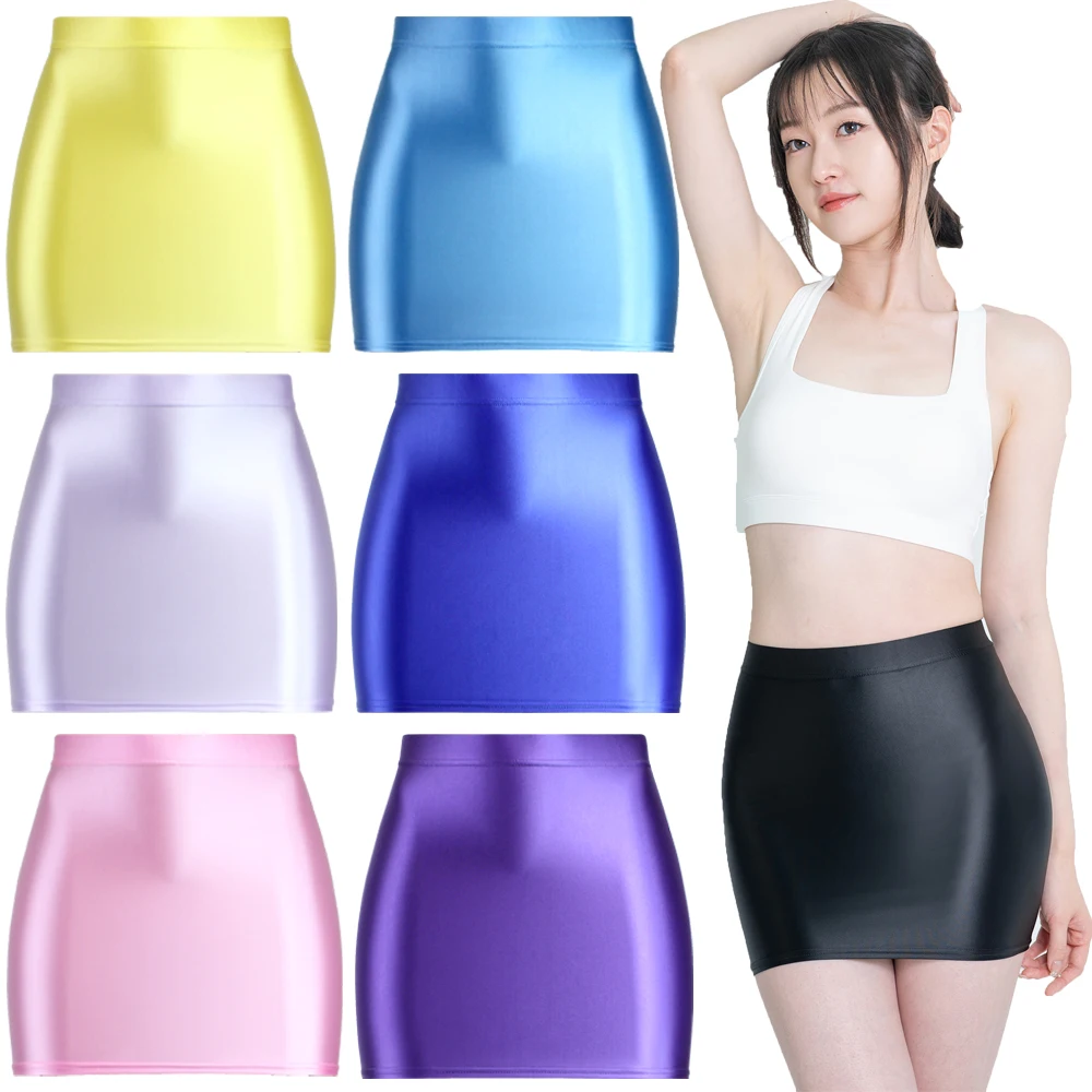 MJINM Women's Shiny Satin Glossy Skirts Hip Wrap One Step Skirts Smooth Bodycon Elastic Waist Half-body Causal Mini Short Skirts