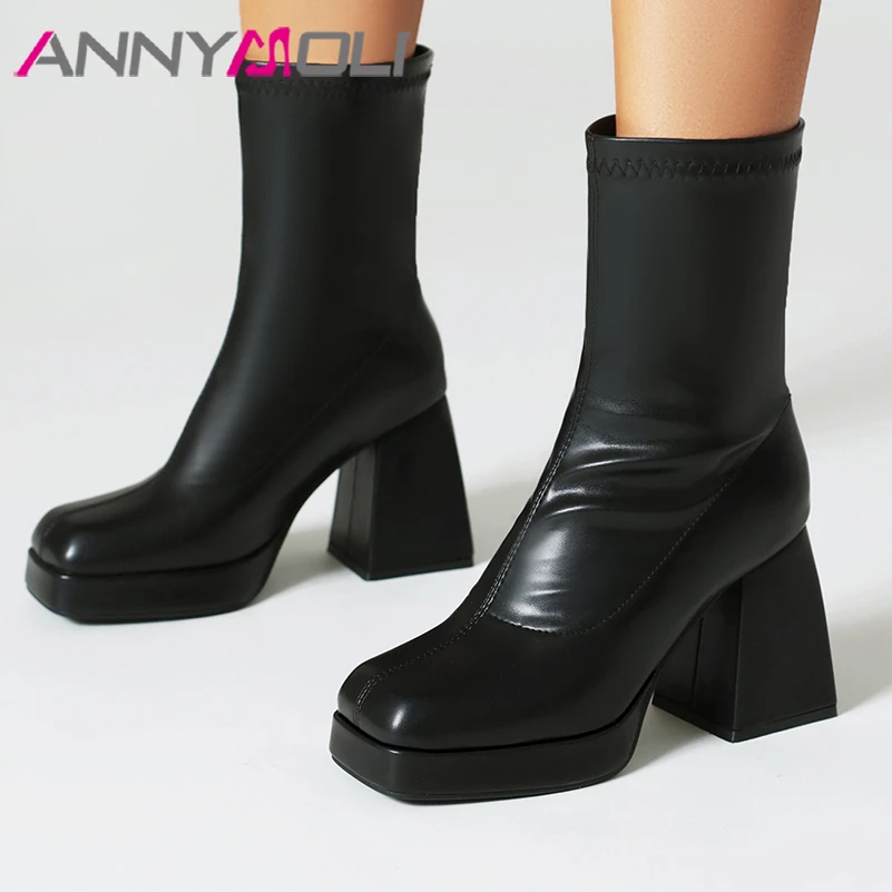 

ANNYMOLI Women Ankle Boots Square Toe Platform Thick High Heels Short Boots Concise Ladies Fashion Winter Shoes White Black 43