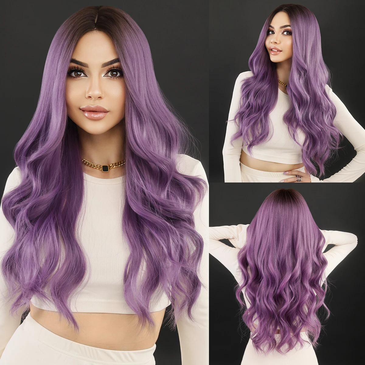 NAMM-Peluca de cabello largo y ondulado para mujer, cabellera artificial sintético con flequillo, color púrpura, lavanda Natural, resistente al calor, ideal para fiesta de Cosplay