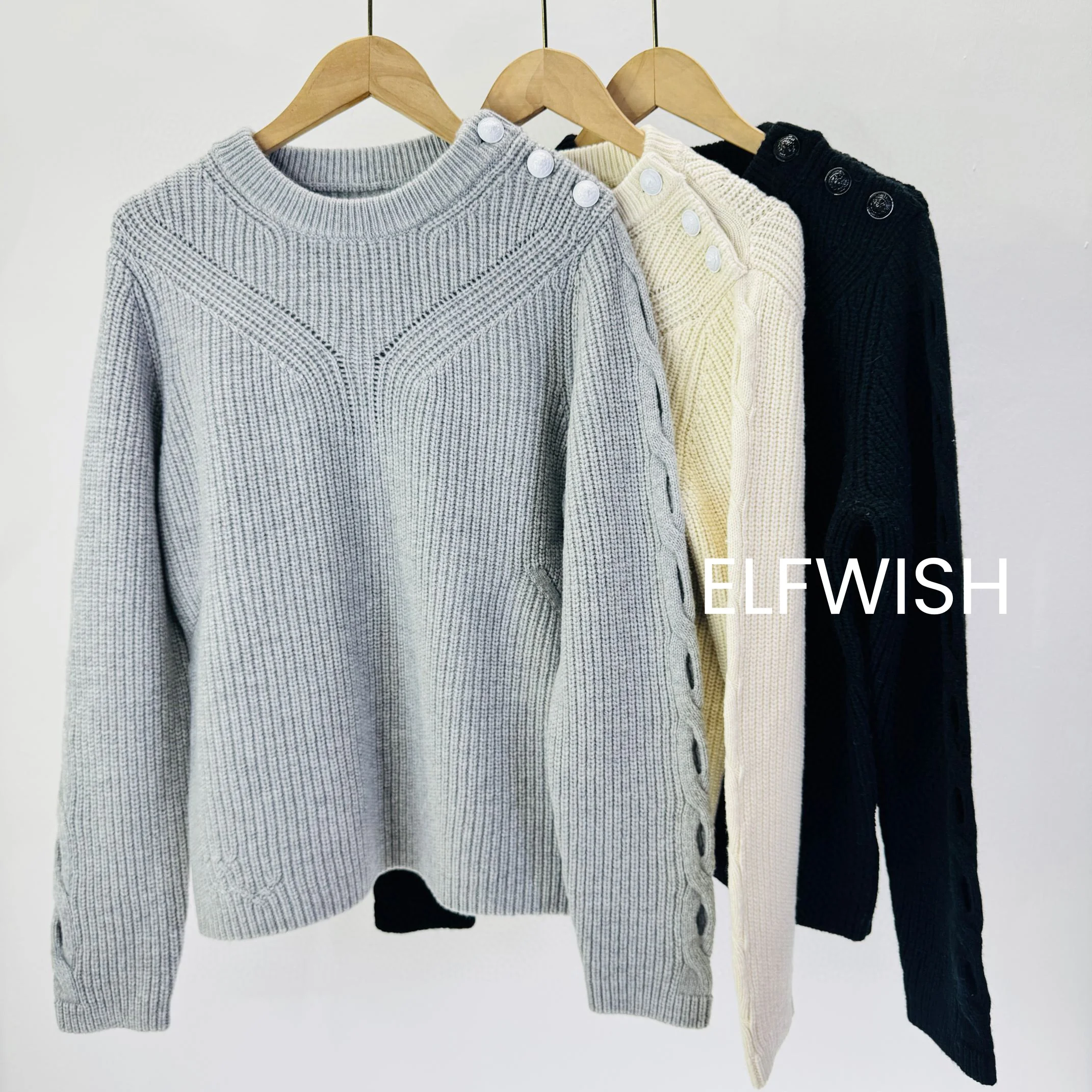 Woman Fashion Wool Cashmere Blend Pullovers Round neck with Buttons Long Twisted Sleeved Hollow Out detail KNITS