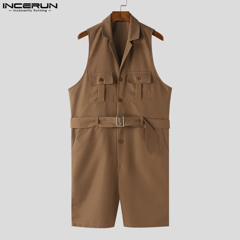 INCERUN 2024 Korean Style Jumpsuits Mens Summer Fashion Rompers Shorts Casual Solid Well Fitting Belt Sleeveless Bodysuits S-5XL 4