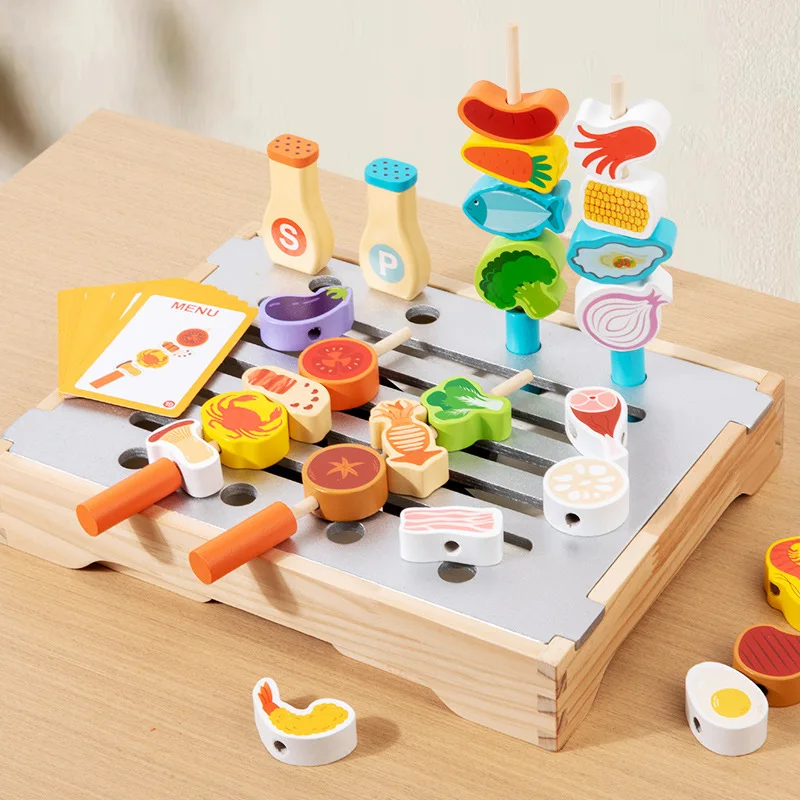Montessori Wooden Pretend Play Kitchen Toys Dessert Puzzle Toys Simulation Barbecue Pretend Role Indoor Game For Toddlers Age 3+ kitchen toys pretend kitchen toys pretend food toys
