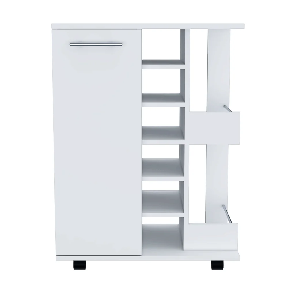 32" H White Bar-coffee Cart Cabinet Storage 4 Wheels 1 Divided Storage with 1 Shelf, Fold Ing Door A Central Vertical Division
