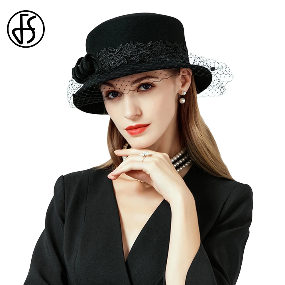 FS British Spring Autumn Black Hats For Women With Veil Wool Felt Fedoras Vintage White Bowler