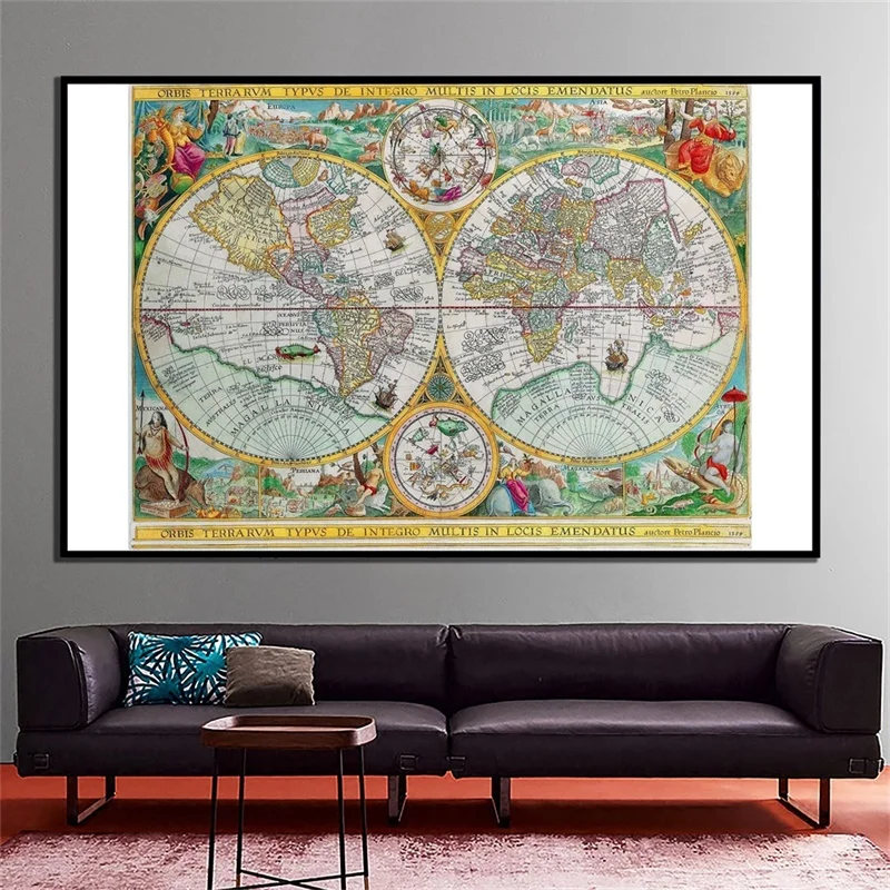 Vintage World Map 225*150cm Canvas Background Painting Classroom Wall Art Large Poster Unframed Print Office Supplies Home Decor