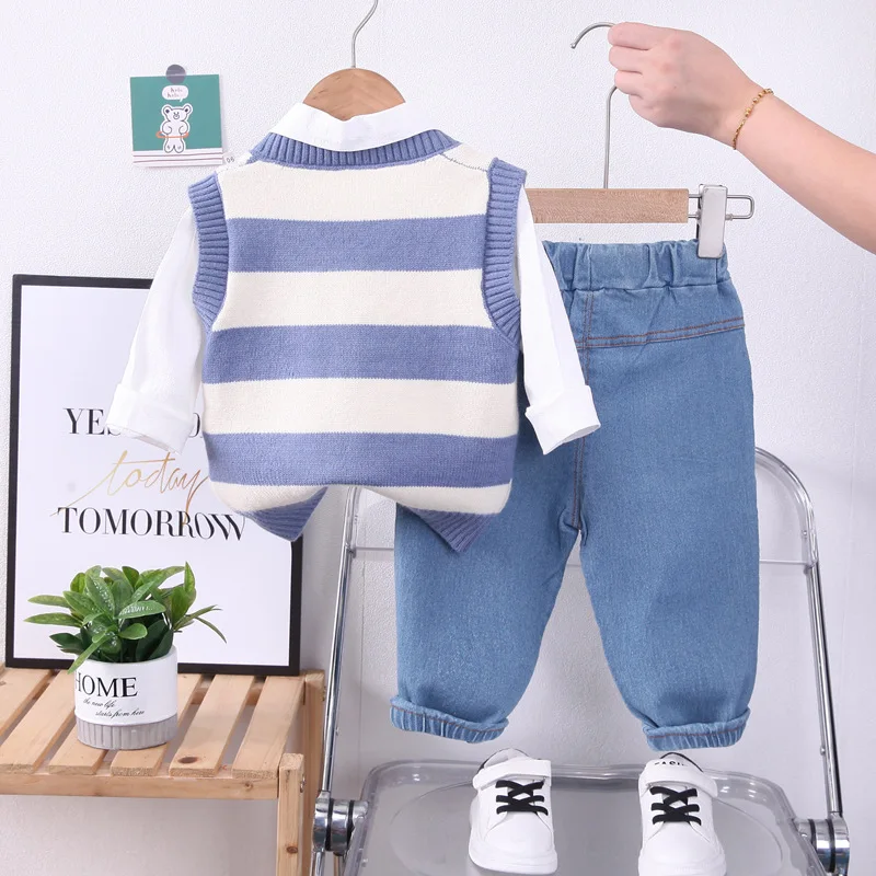 Toddler Boy Striped Vest, Shirt & Jeans Set 3