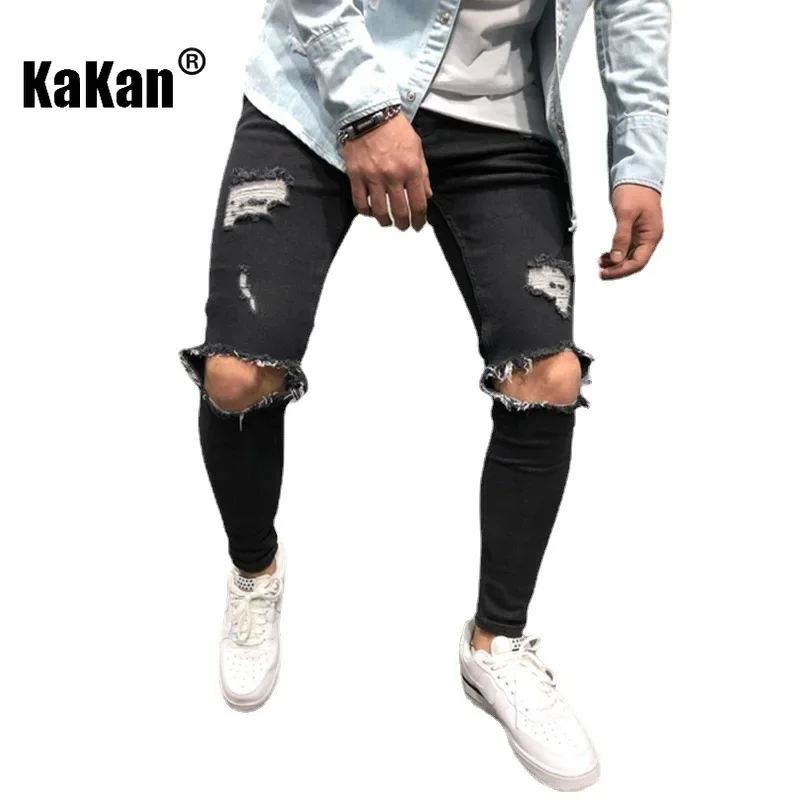 Kakan - European and American New Distressed Slim Fit Jeans for Men, Street Black Gray Leggings Long Jeans K16-11098