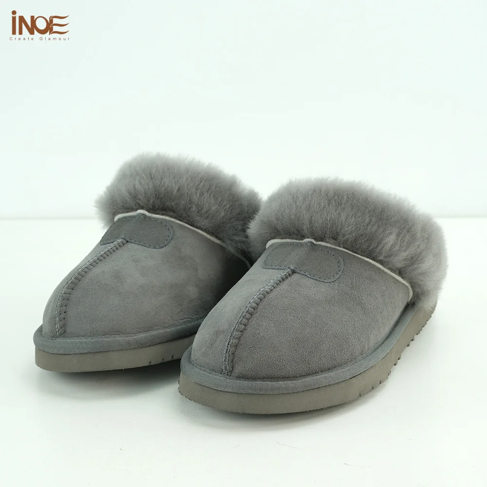 Real Sheepskin Suede Leather Natural Wool Fur Lined Men Winter Slippers Half Style House Home