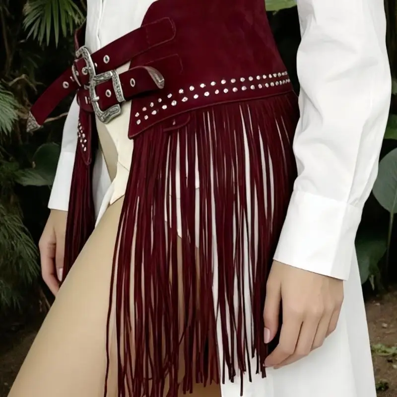 Cintura in da donna con frange western, cintura con gonna ampia con doppie fibbie in rosso vino opaco morbido per look da - immagine 4