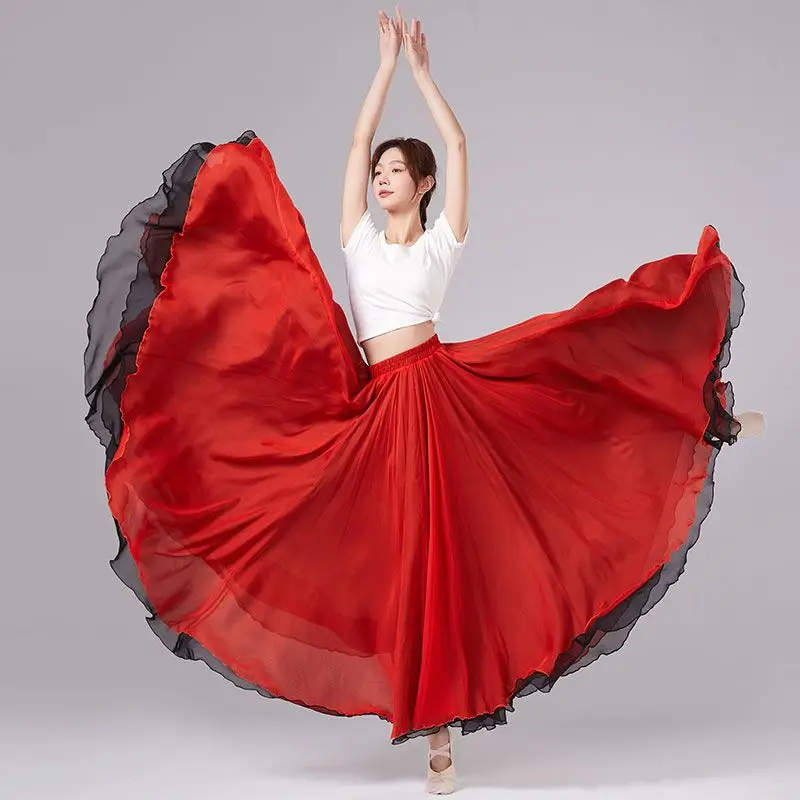 900 degree slim fitting length skirt medium swing long exotic dancewear Pink and Blue grey Wine red Double layered  dance dress