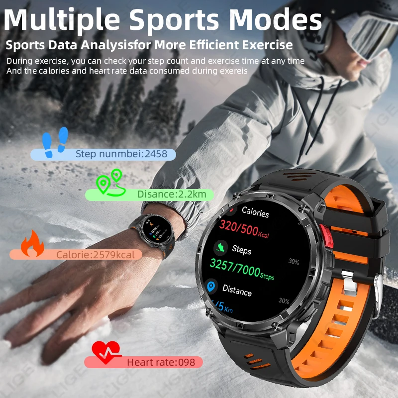 LIGE New Health Smartwatch 1000mAh Battery LED Flashlight Compass Smart Watch Man BT Call Sport IP68 Waterproof Smartwatches Men