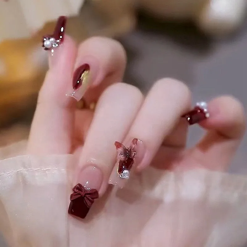 

New Year Nail Nail Wearing Bride Drill Ice Through Plum Sauce Magic Blush Wine Red Piece Handmade Wearing Stickon Nails