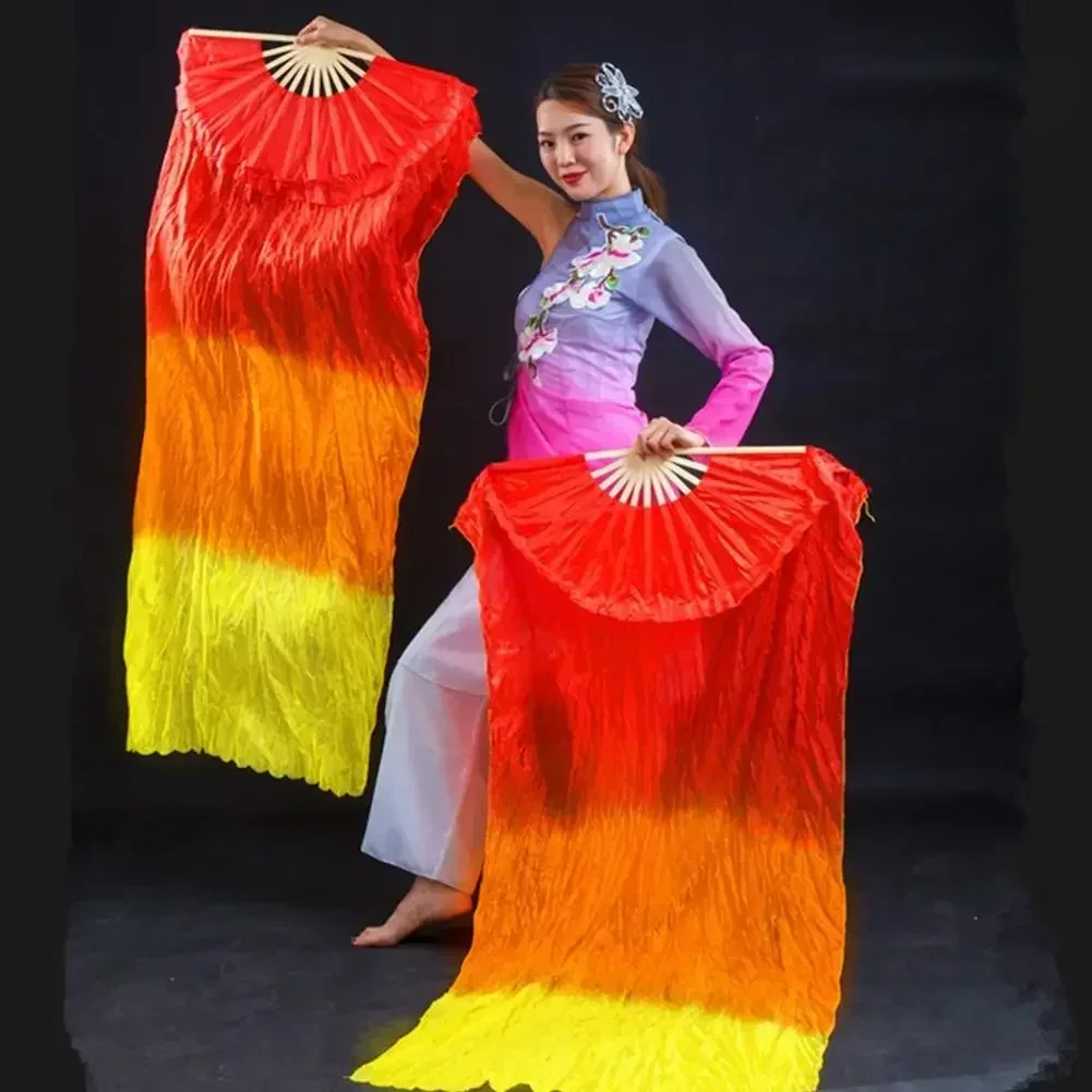 150cm Length Ms.Belly Dancing Fan Gradient Long Color Fans Practice Dancer Props Fan Chinese Silk Dance Imitation E6W7 silk fans,hand fan