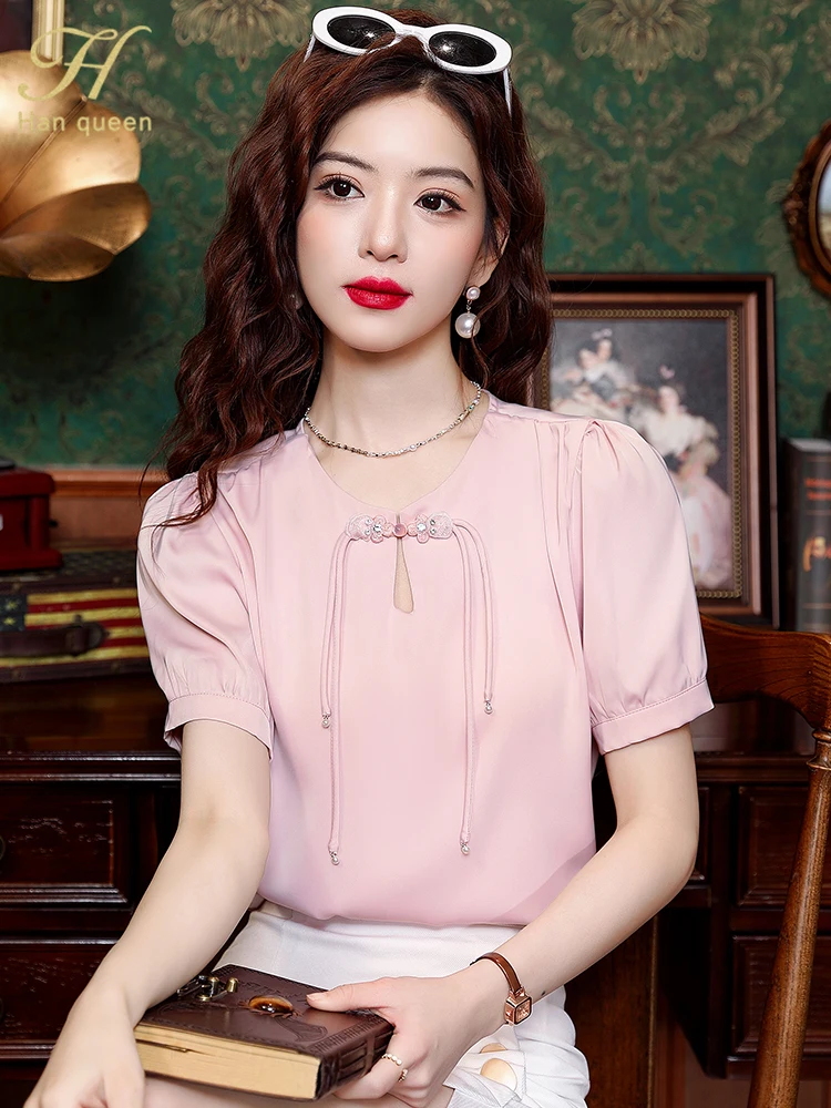 

H Han Queen 2024 Summer Tops Simple Office Lady Chiffon Female Short Sleeve Shirts Casual Korean OL Loose Elegant Blouse Women's