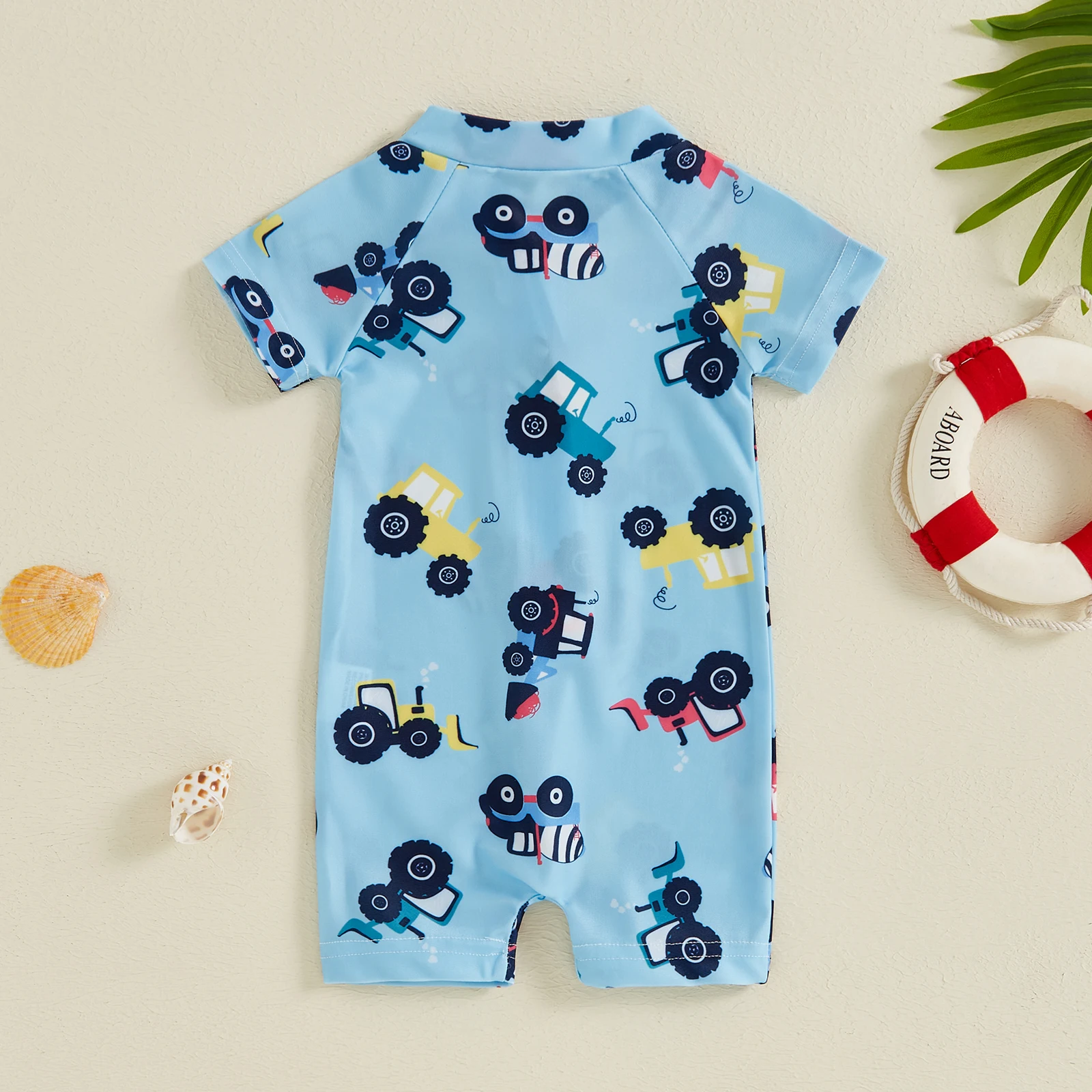 Summer Toddler Baby Boys Zip Up Rash Guard Tractor Fish Print Short Sleeve Swimwear Children Beachwear Bathing Suit Swimsuit