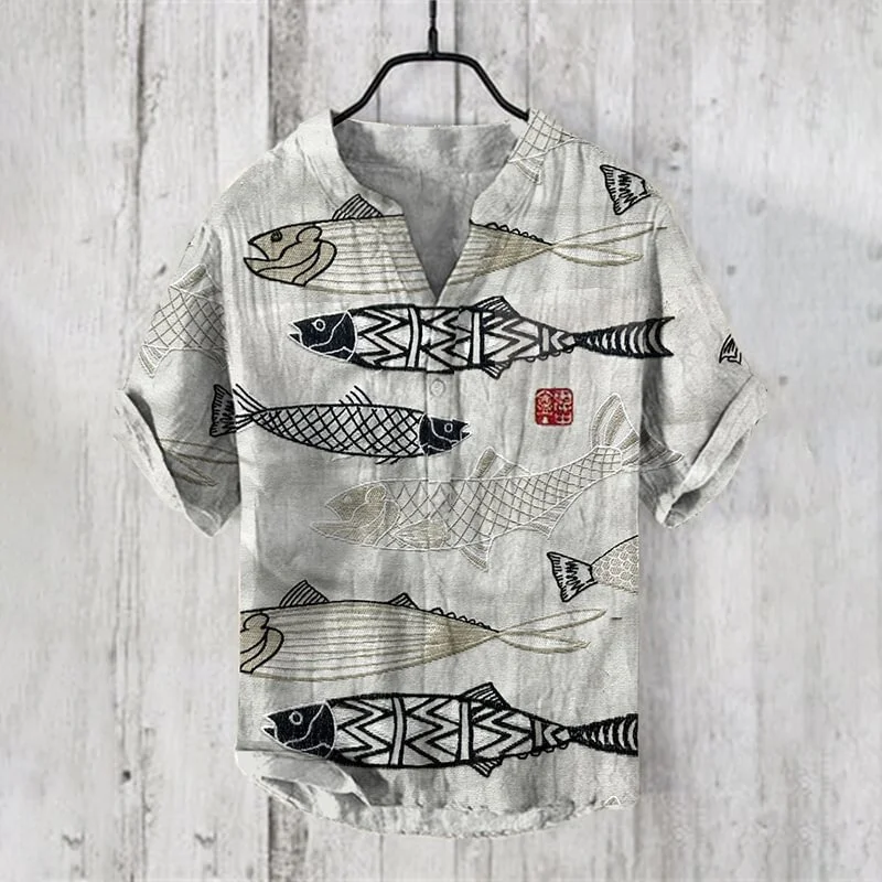 Summer Fashion Men's Small V-neck Japanese Art Frog Print Standing Neck Shirt Men's Leisure Art Short sleeved Shirt