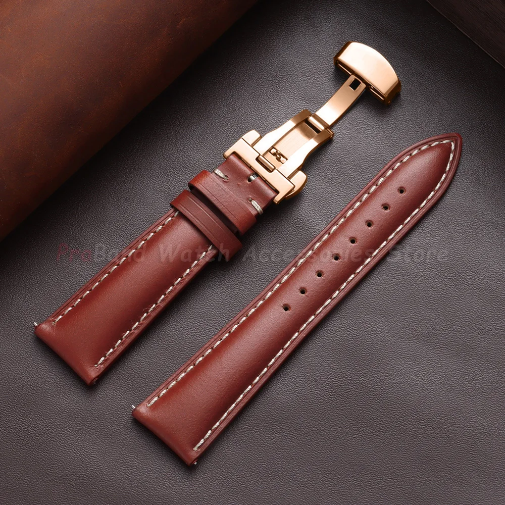 Vintage Brown Oil Wax Leather Watch Strap with Butterfly Buckle - Men's Accessory