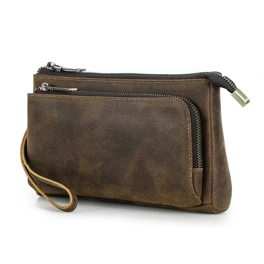 

Vintage Mens Clutch Bag Handbag Cowhide Leather Purse Hand Clutch Purse Wallet Phone Bag Business Long Holder Organizer Zip F0R4