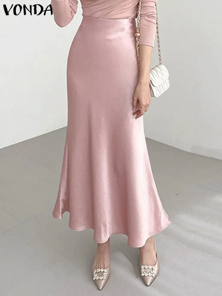 

Elegant Office Skirts 2024 VONDA Summer Women Casual Satin High Waist Solid Color Bottoms Pleated Loose Streetwear Long Skirts