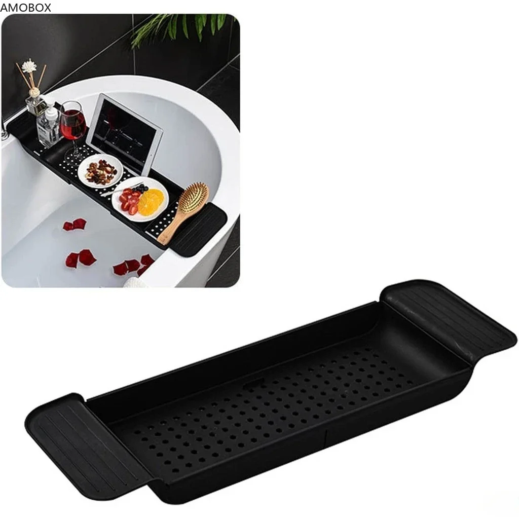 AMOBOX Expandable Drain Bath Shelf Caddy Tray, Multifunctional Plastic Bathroom Organizer Simple Stylish Bathtub Storage Rack