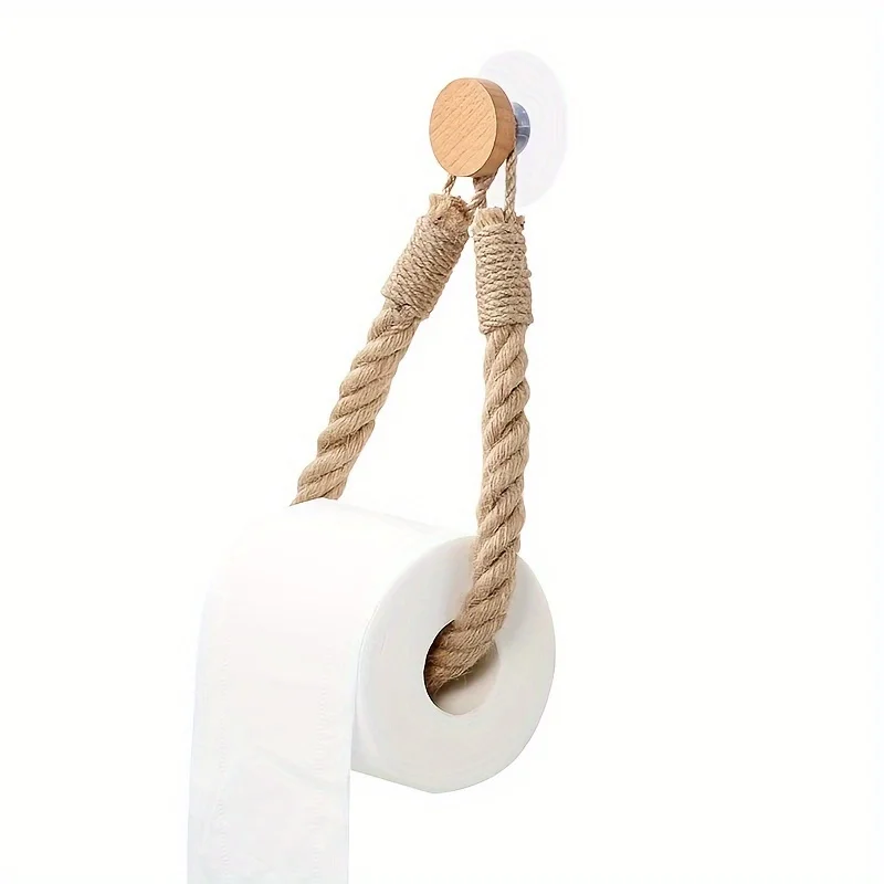 Hemp rope tissue holder, solid wood rope weaving, towel storage rack, creative wall-mounted toilet paper holder 5