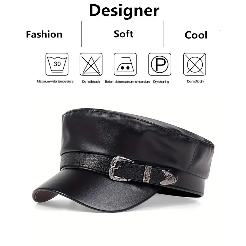Fashion Women Large Belt Buckle Leather Hat Spring Autumn Sailor Hats Black Ladies Beret Caps Men Flat Top Captain Military Caps Sports & Entertainment