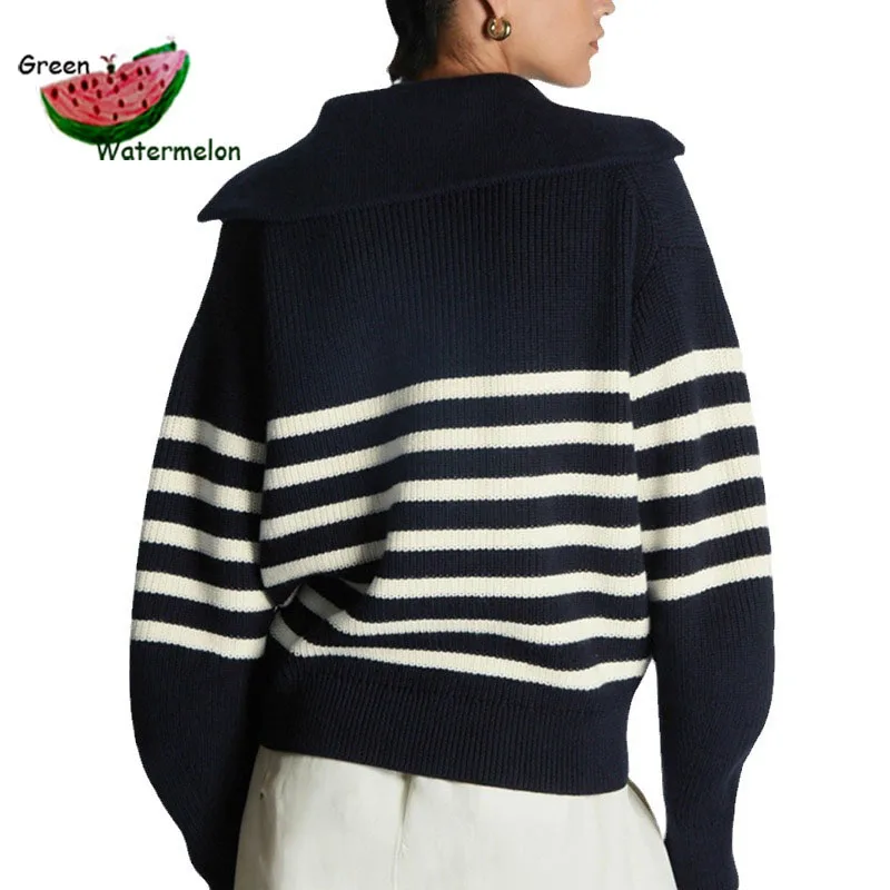 

2023 Women's Turtleneck Loose Lapel Striped Knitwear Women Pullovers New Simplicity Half Zipper Casual Fashion Women Sweaters