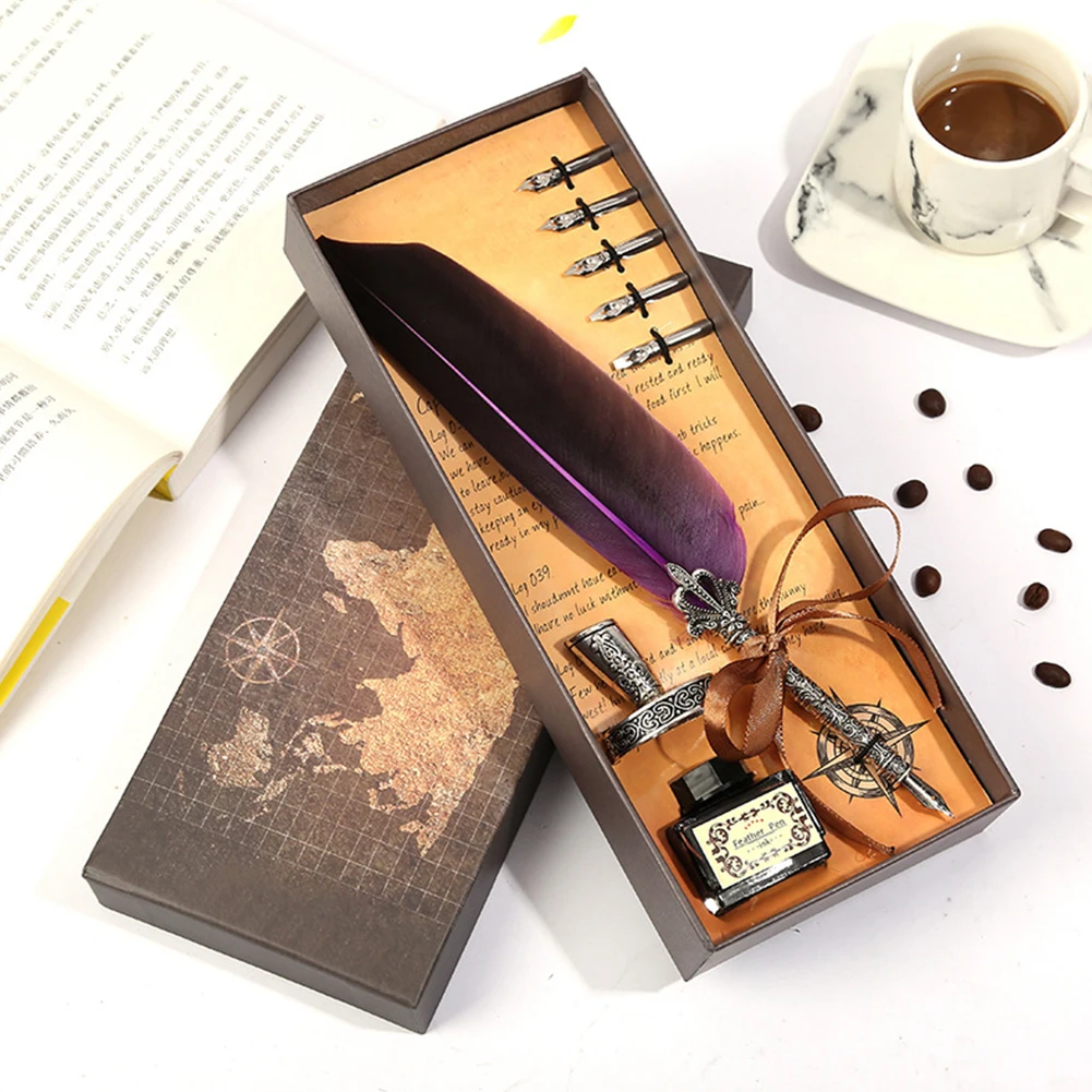Vintage Calligraphy Feather Dip Pen Set with Ink - Creative Retro Writing Stationery