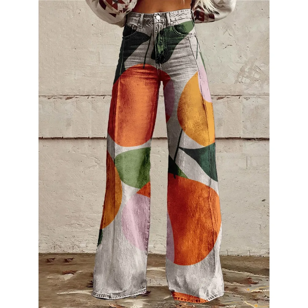 Damen-Hose mit weitem Bein, Grapefruit-Orange-Zitronen-Aufdruck, hoch taillierte Schlaghose, bunte Früchte, Sommer-Festival-Party-Hose – Detail 7