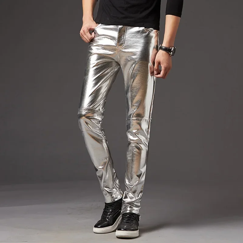 

Autumn/Winter Men's Leather Pants Korean Slim Fit Feet Pants Stage Performance Men's Motorcycle Bright Silver Leather Pants