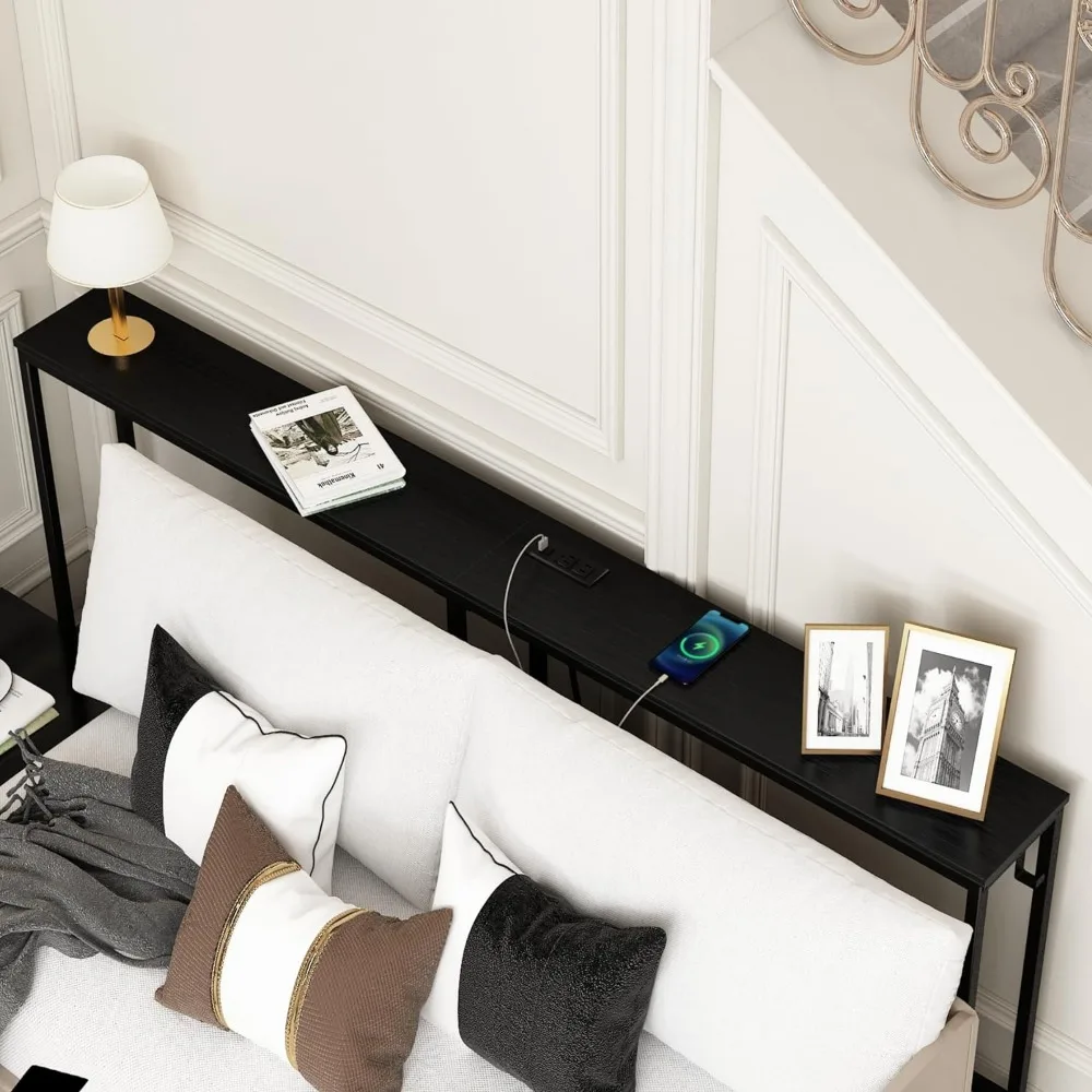 70 Inch Narrow Console Table with Outlet, Skinny Sofa Table Narrow Long Behind Couch