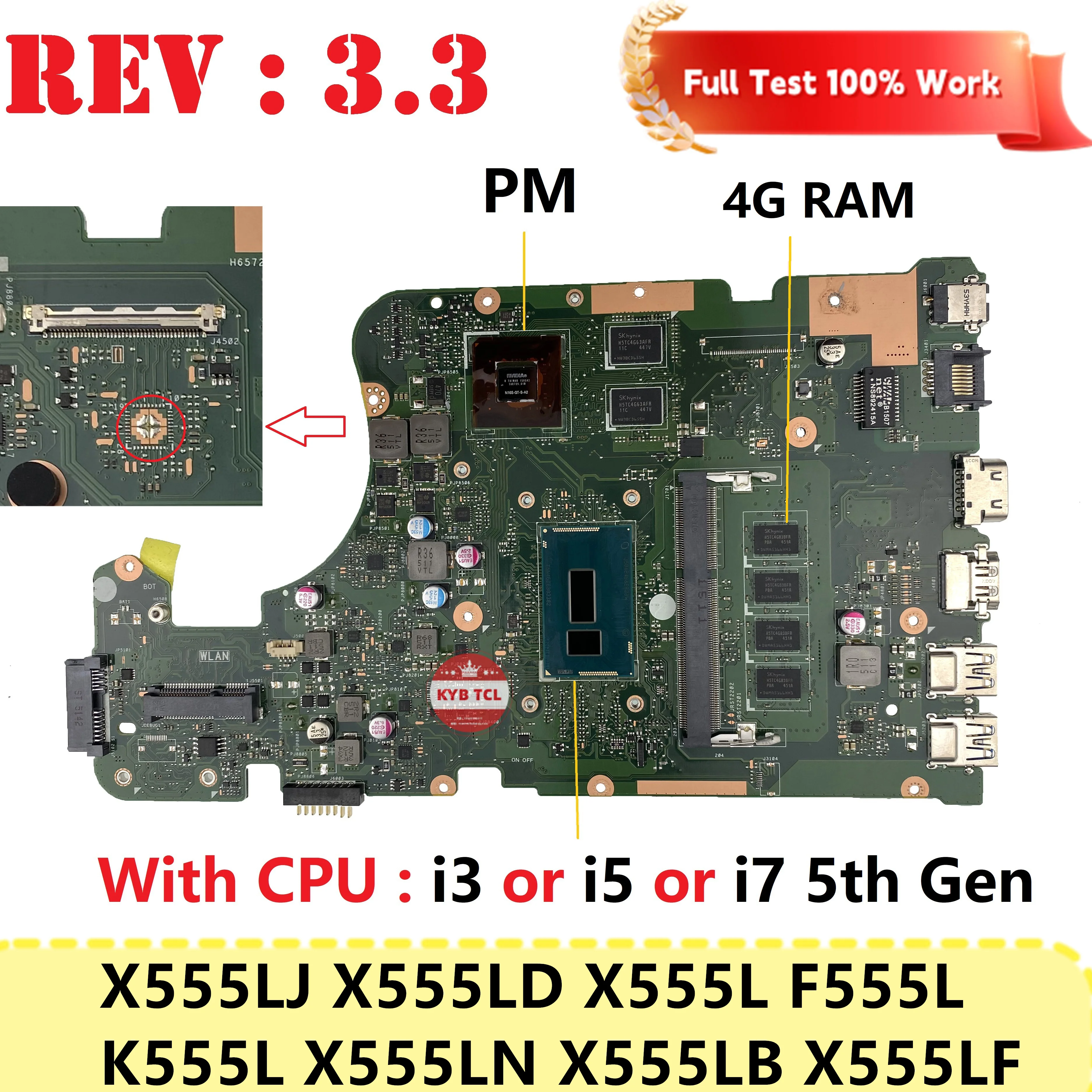 

REV.3.3 For Asus X555LN X555LNB X555LP X555LB X555LJ X555LF X555L X555LD Laptop Motherboard With I3 I5 I7 CPU 4G RAM Mainboard
