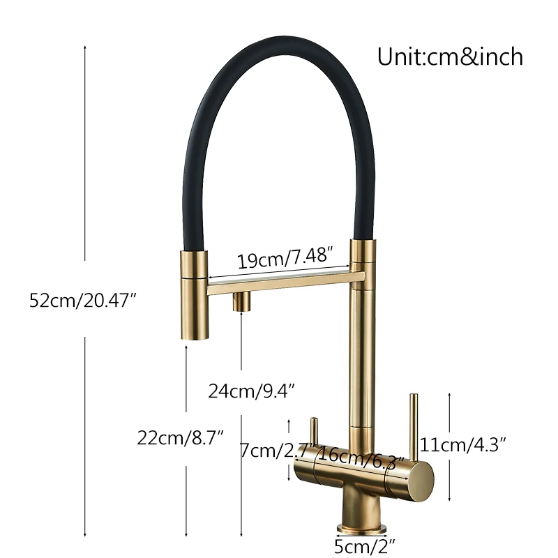 Description Picture 3 of itemPured Water Kitchen Faucet Dual Handle Deck Mount Brass Taps Filtered Water Mixer Tap 360 Rotate Pull Down Flexible Pipe Mixers