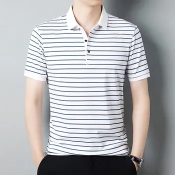T-shirt a righe moda estiva da uomo colletto rovesciato manica corta Smart Casual Tshirt da uomo antirughe T-shirt di alta qualità