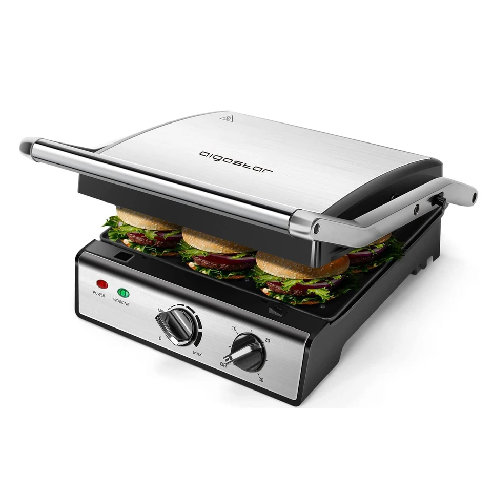 elasticitet blandt privatliv Electric grille, sandwich maker and Panini machine, 2000W power, adjustable  temperature and timer, 180 ° opening, big plates 29x24cm, BPA free