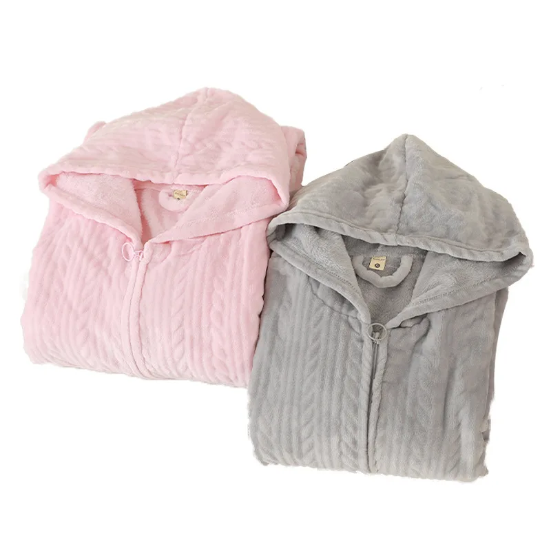 Autumn Winter Fashion Zipper Hooded Bathrobe Men Flannel Warm Thicken Long Kimono Dressing Gown Loose Robes for Women Sleepwear