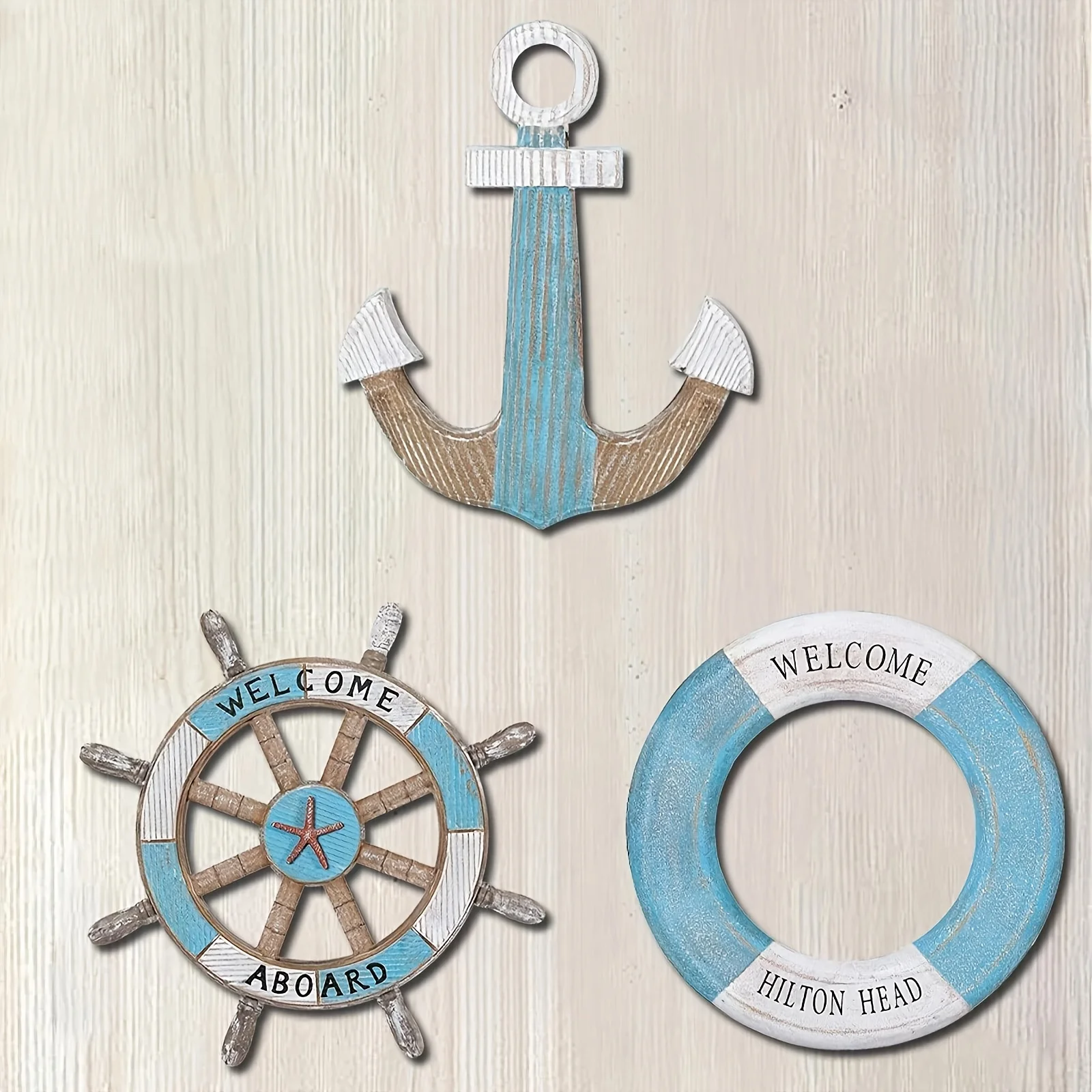 1 set di decorazioni per la casa a tema nautico, con ancora in legno, timoni e salvagenti, decorazioni da parete a tema oceano, decorazioni nautiche per interni, utilizzabili per decorare le pareti a feste all'aperto e riunioni in giardino. - immagine 4